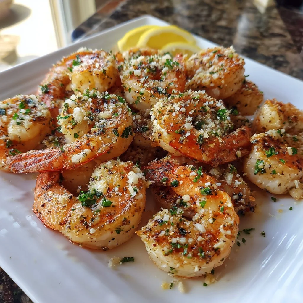 Garlic Parmesan Roasted Shrimp served on a plate with herbs and lemon