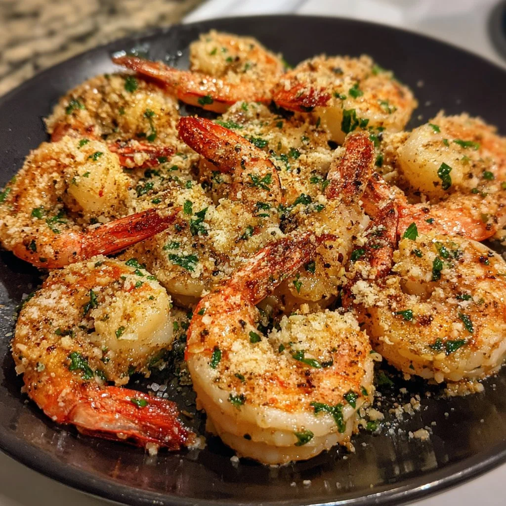 Plate of Garlic Parmesan Roasted Shrimp garnished with herbs