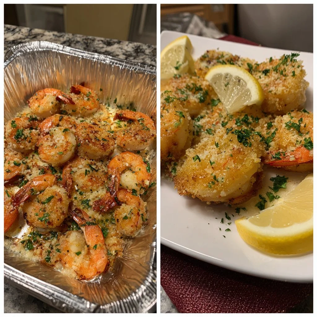 Dish of Garlic Parmesan Roasted Shrimp garnished with herbs
