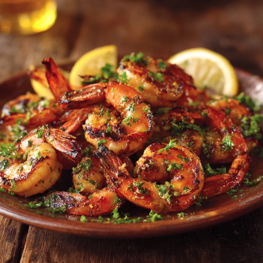 Plate of Garlic Parmesan Roasted Shrimp garnished with parsley