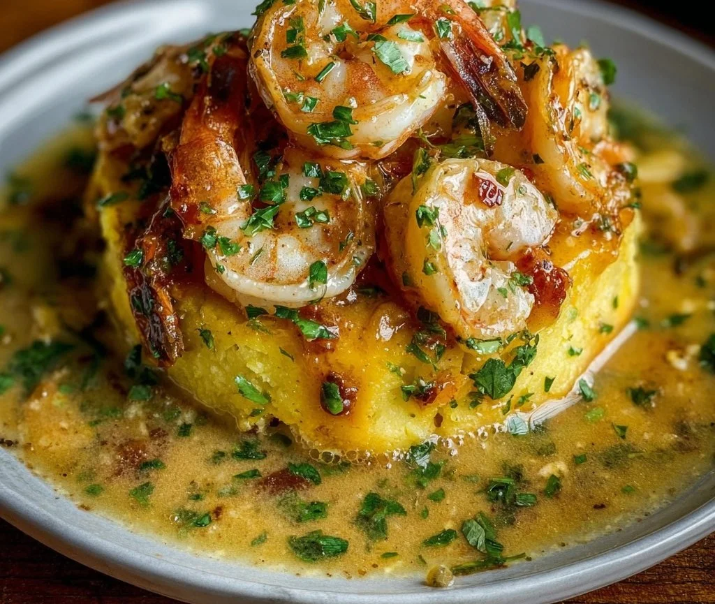 Delicious Garlic Shrimp Mofongo served on a plate with garnishes.
