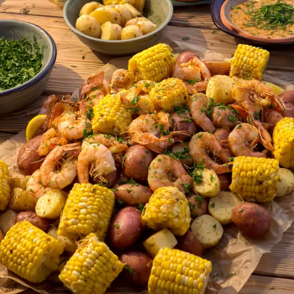 Delicious giant shrimp boil served with corn and potatoes