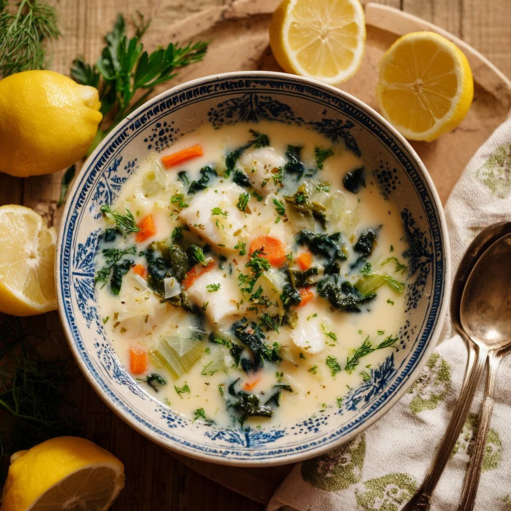 Delicious Greek Fish Soup (Psarosoupa) garnished with fresh herbs and served in a bowl.