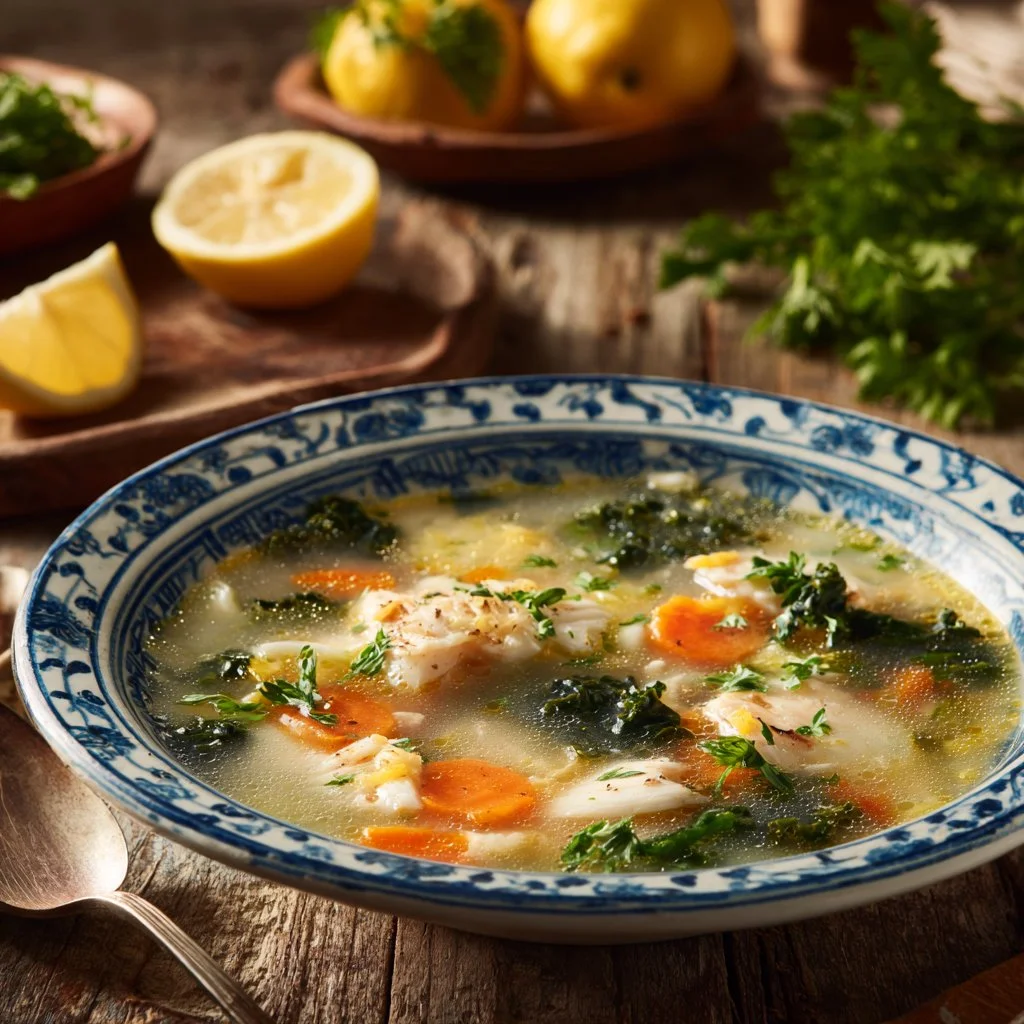Bowl of traditional Greek Fish Soup (Psarosoupa) garnished with herbs
