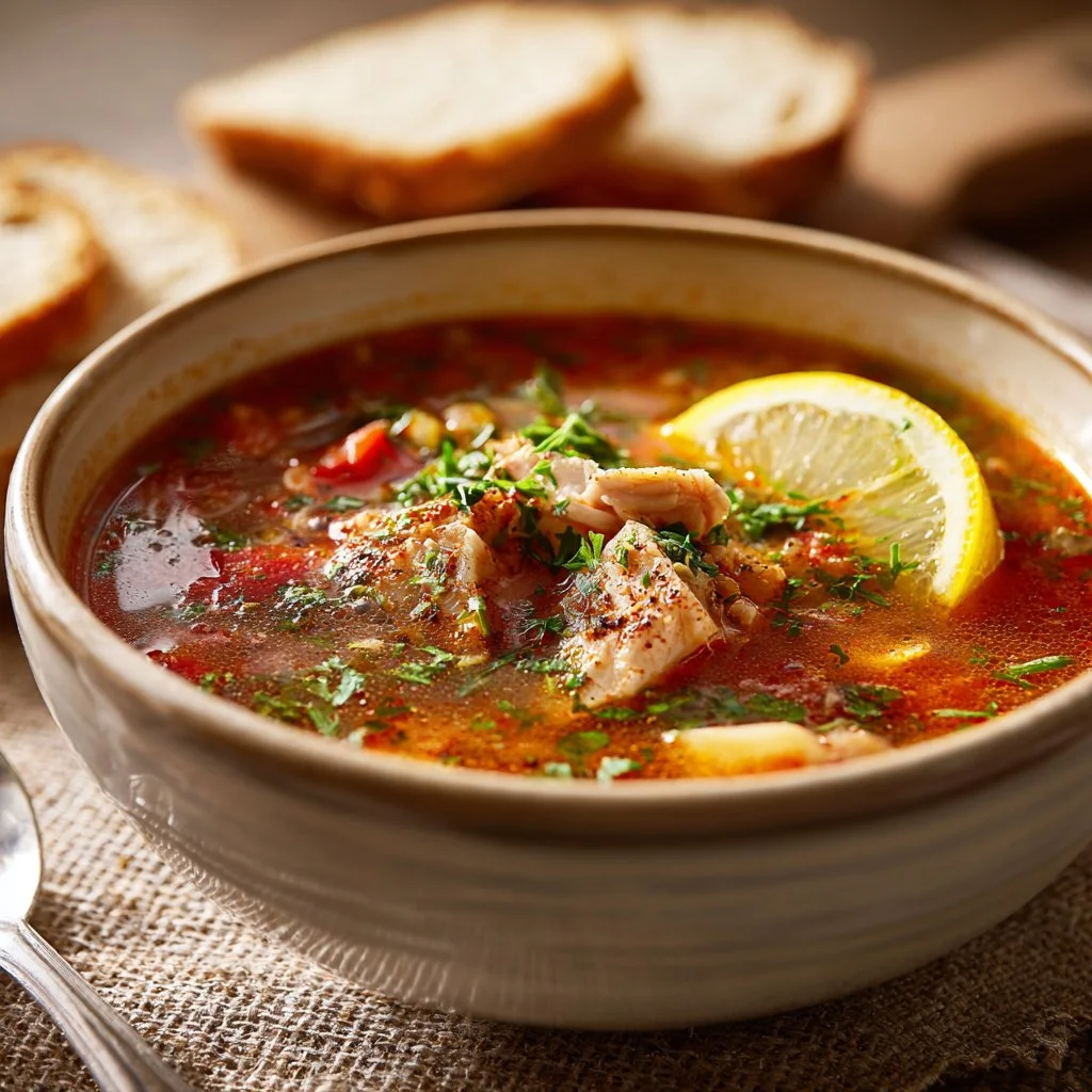 Bowl of Greek Fisherman's Soup with fresh fish and herbs
