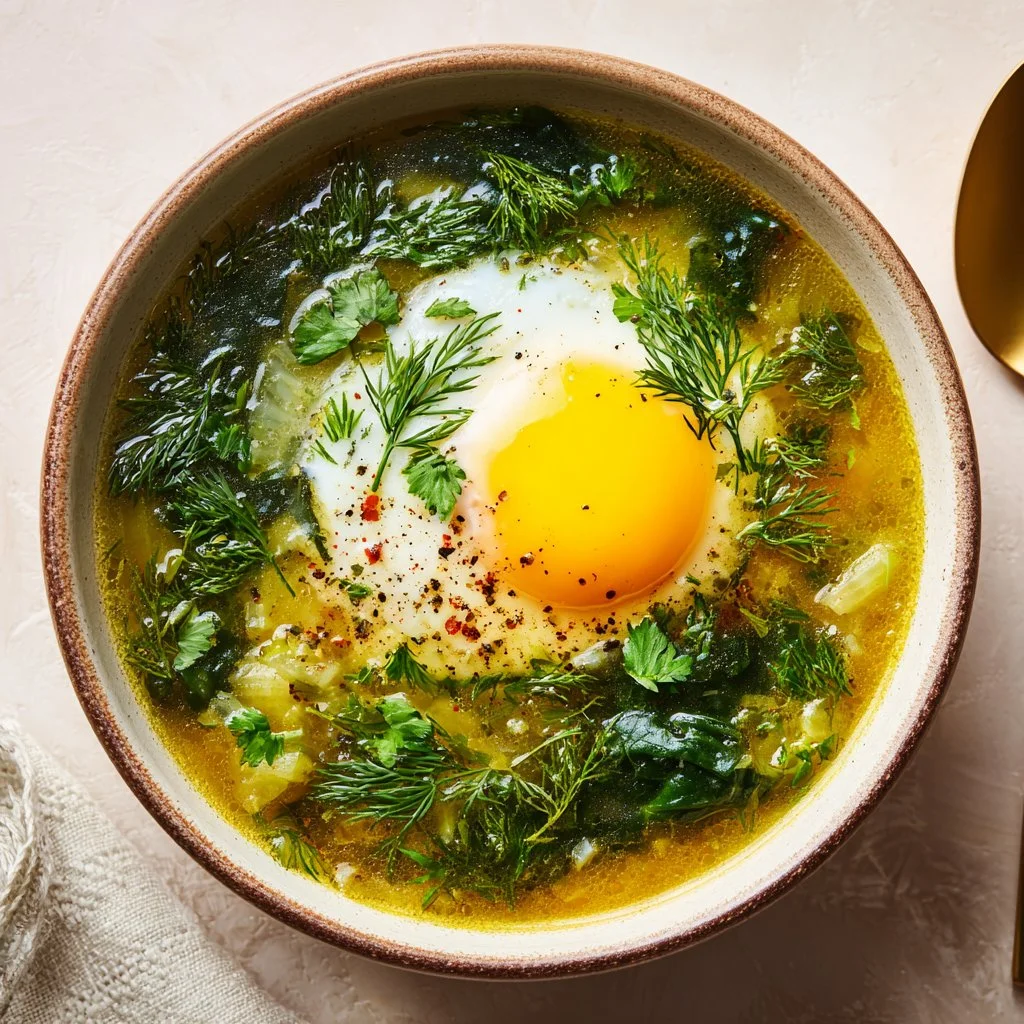 Bowl of delicious Green Borscht topped with herbs and served with a slice of bread.