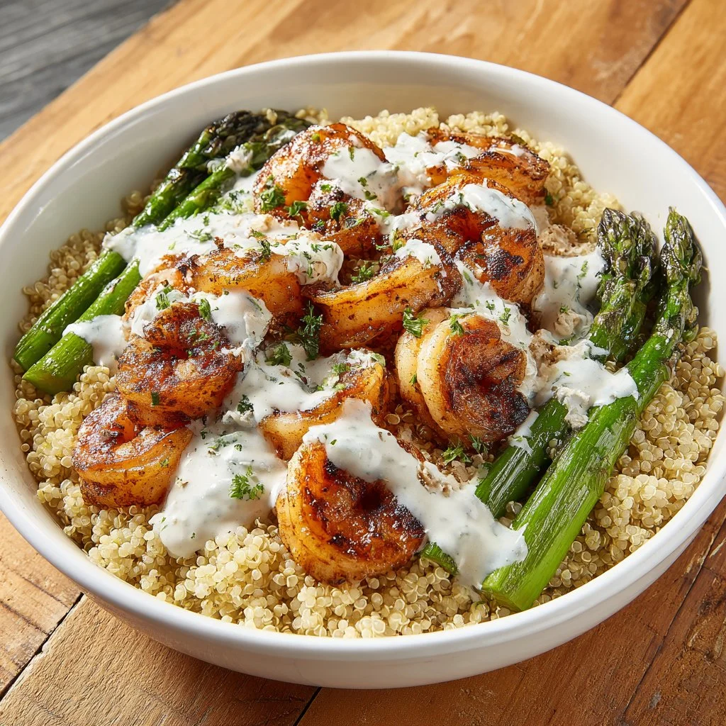 Delicious grilled shrimp bowl topped with asparagus and creamy garlic sauce
