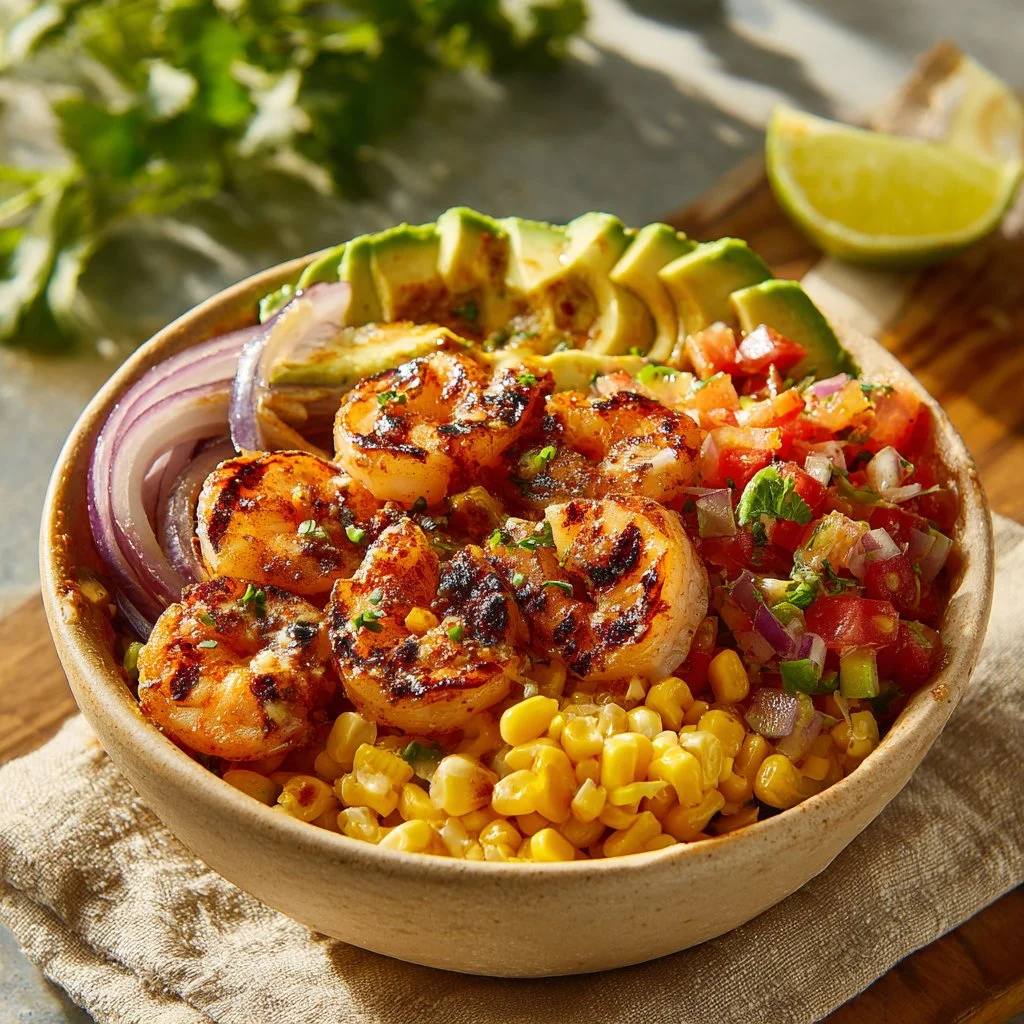 Grilled shrimp bowl with avocado and corn salsa served in a vibrant dish