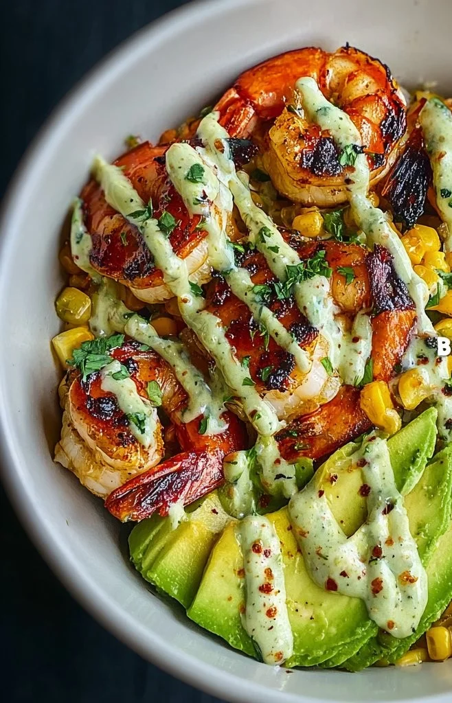 Grilled shrimp bowl with avocado, corn salsa, and creamy garlic sauce