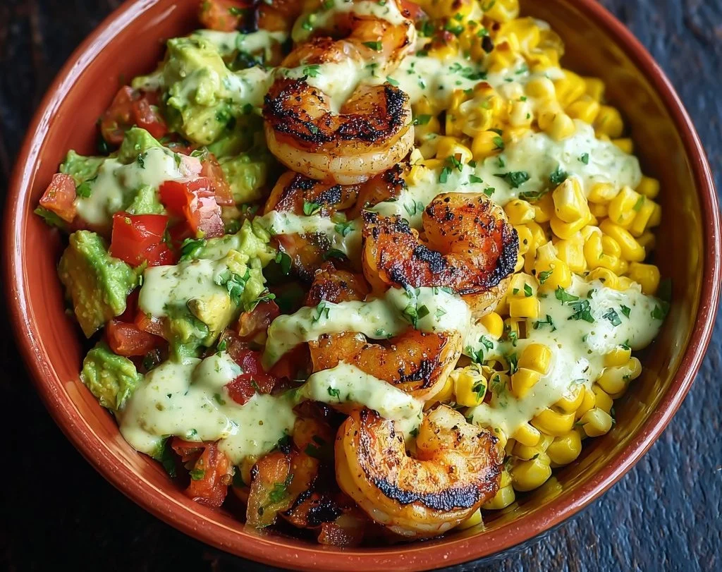 Grilled shrimp bowl with avocado corn salsa and creamy sauce on a plate