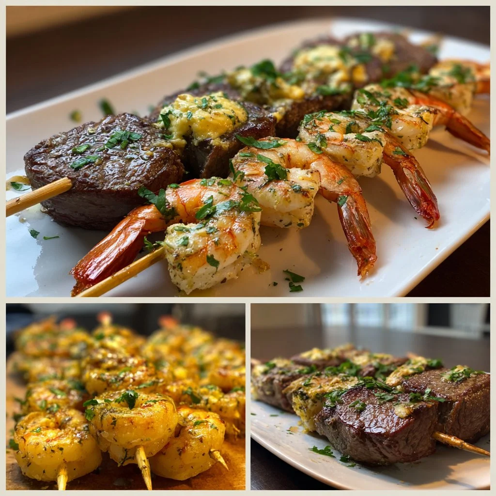 Grilled steak and shrimp skewers with garlic butter on a platter