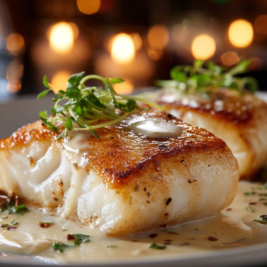 Plate of halibut fillet with beurre blanc sauce and garnished vegetables