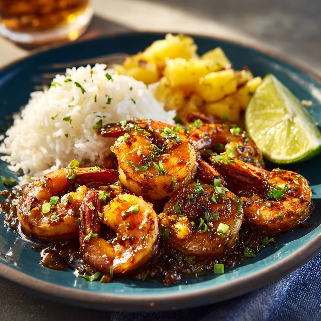 Plate of Hawaiian Garlic Shrimp garnished with fresh herbs and lemon.