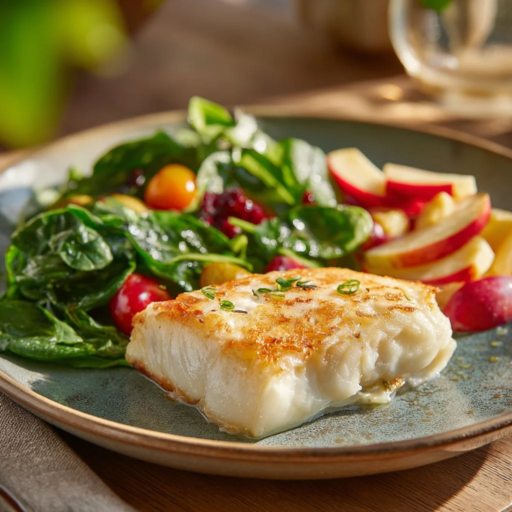 Deliciously prepared halibut on a plate garnished with herbs and lemon