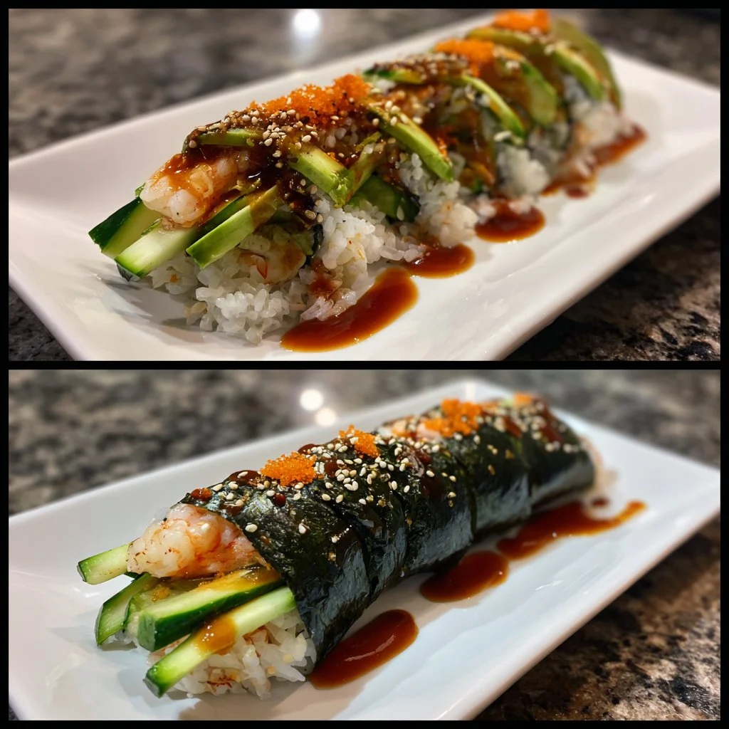 Homemade dragon rolls displayed on a plate with fresh ingredients