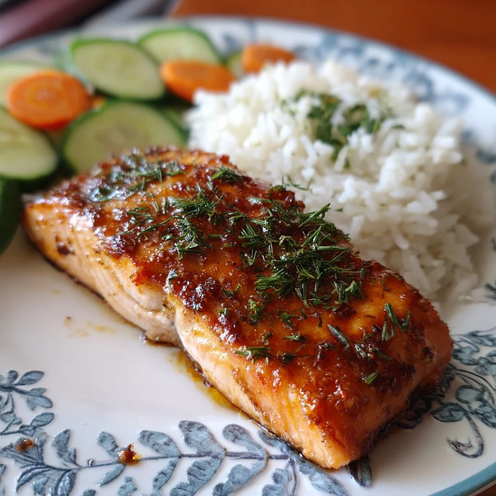 Delicious honey baked salmon garnished with herbs on a plate.