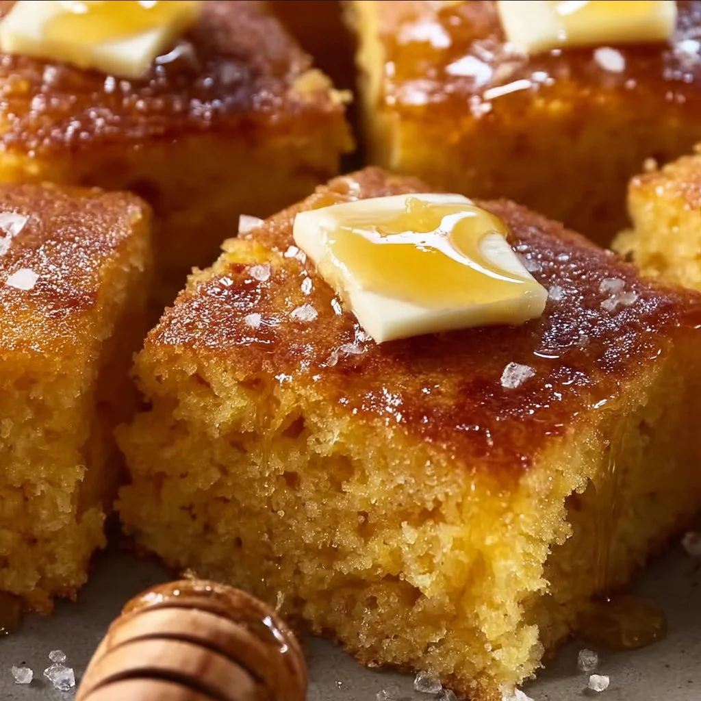 Delicious freshly baked Honey Butter Cornbread with honey drizzle.