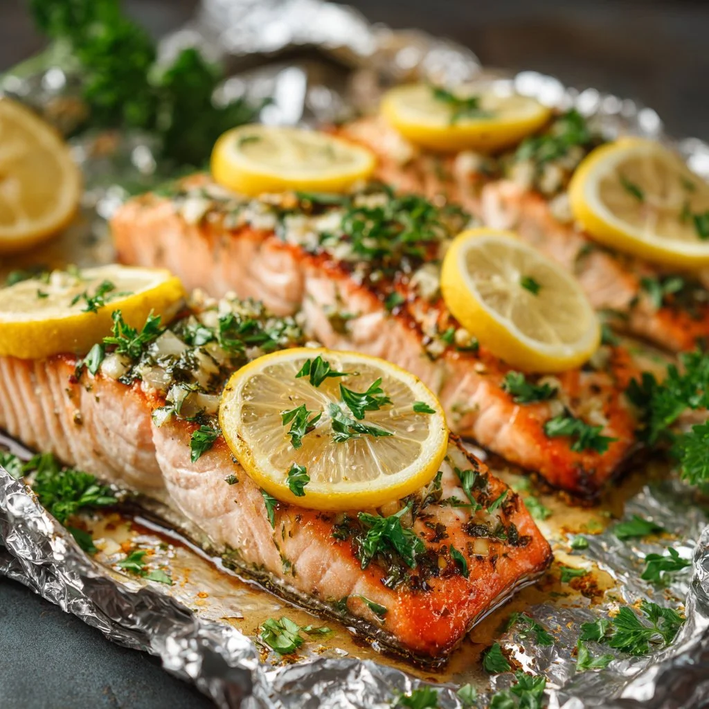 Honey Garlic Baked Salmon recipe with vibrant colors and garnished herbs