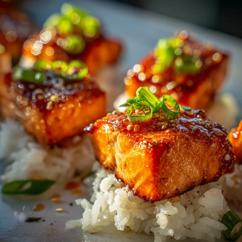 Delicious honey garlic salmon bites topped with fresh herbs.