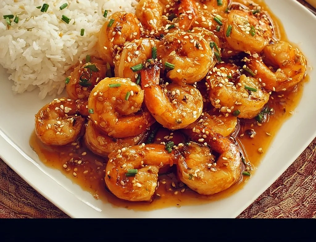 Plate of Honey Garlic Shrimp garnished with green onions