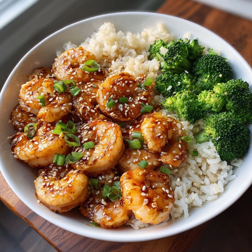 Delicious honey garlic shrimp bowls garnished with vegetables.
