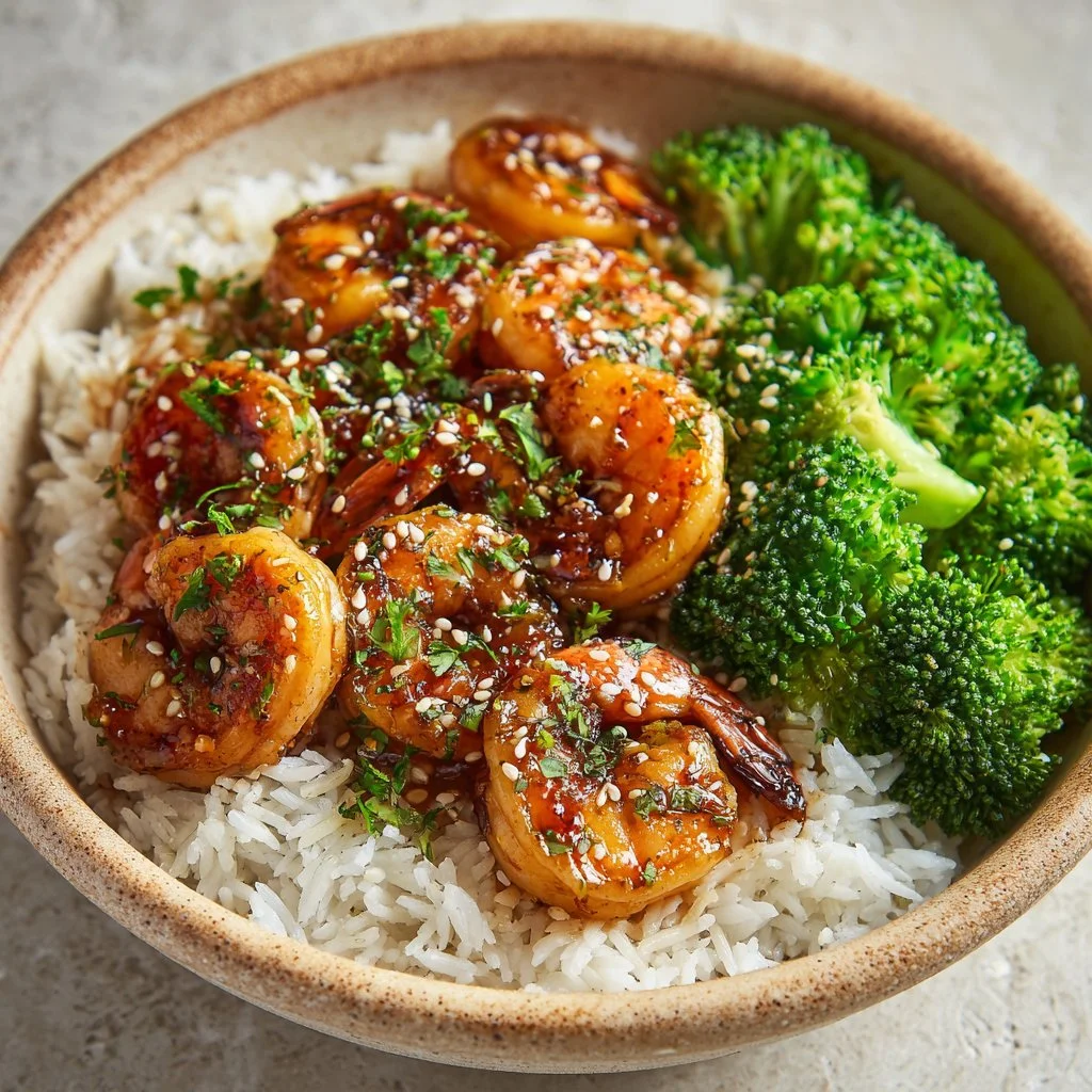 Delicious Honey Garlic Shrimp Bowls with colorful vegetables and rice