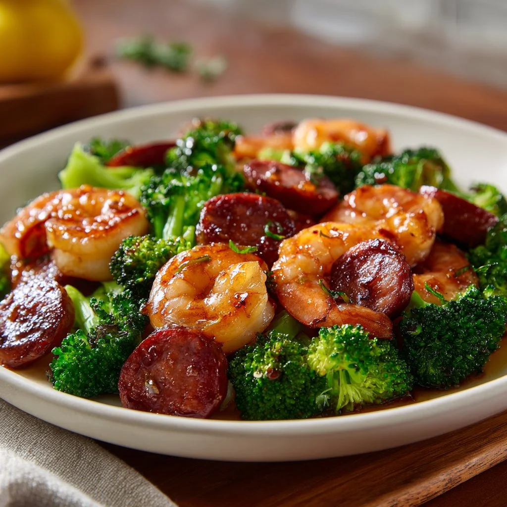 Plate of Honey Garlic Shrimp with sausage and broccoli in a savory sauce