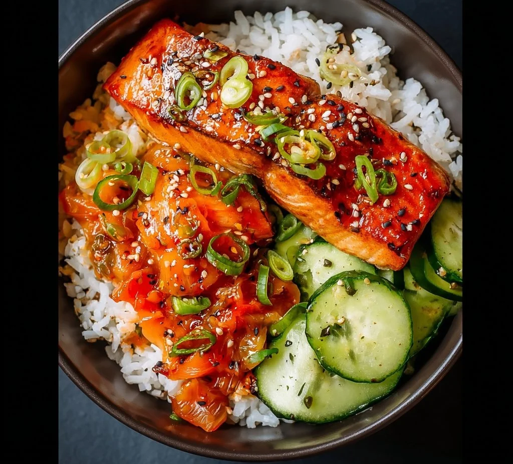 Honey Sriracha Salmon Bowl with fresh vegetables and rice