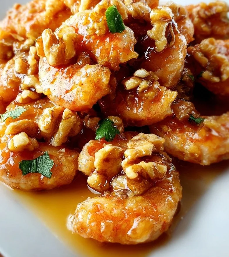 Plate of Honey Walnut Shrimp garnished with walnuts and green onions.