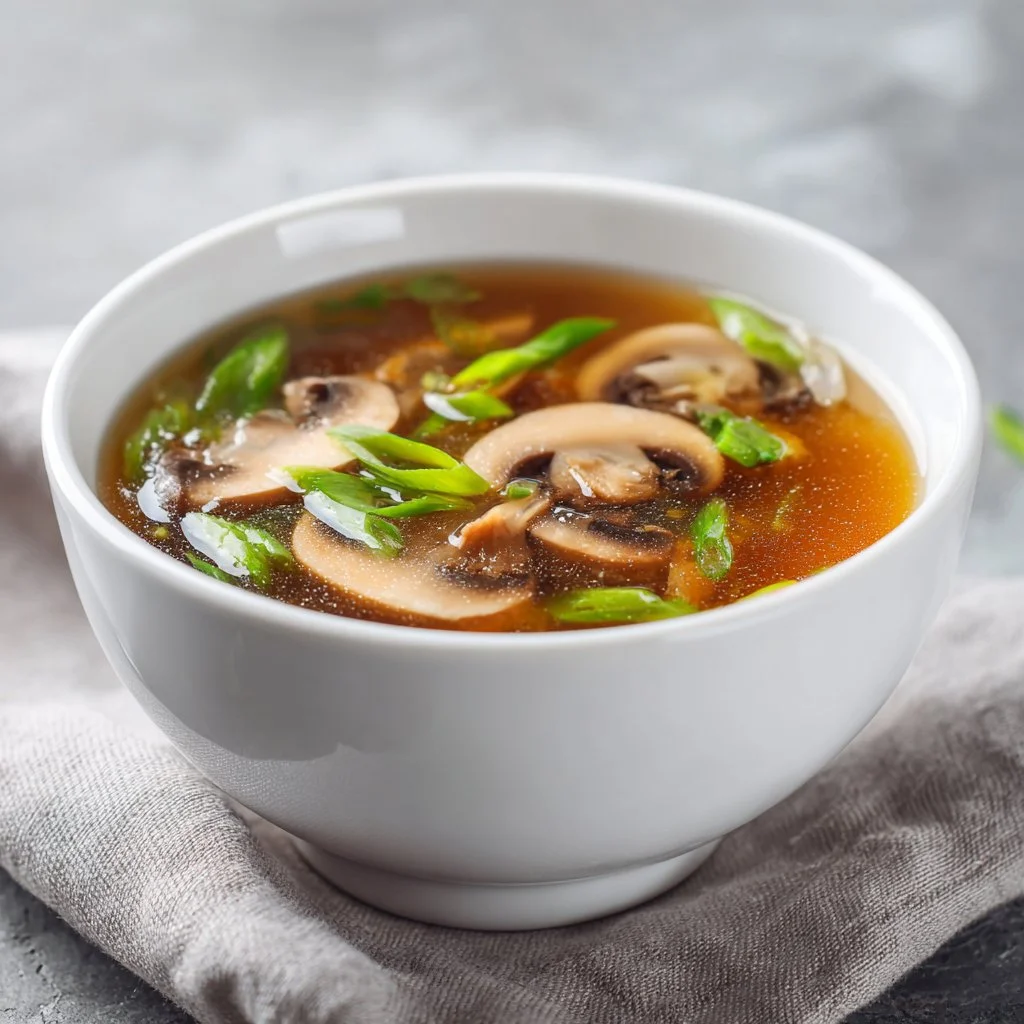 Bowl of traditional Japanese Clear Soup garnished with herbs and vegetables