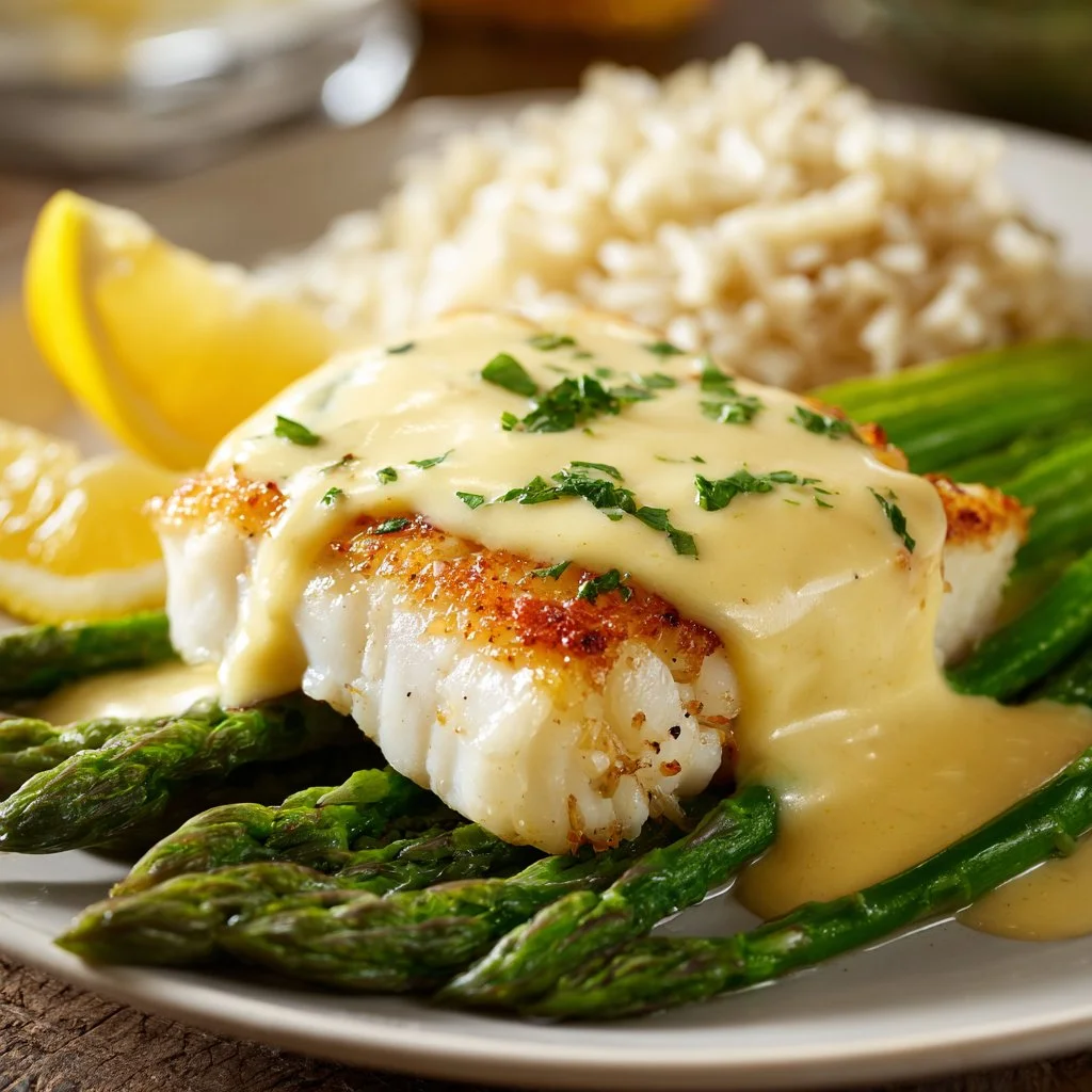 Juicy Halibut Oscar dish showcasing a lavish seafood presentation.