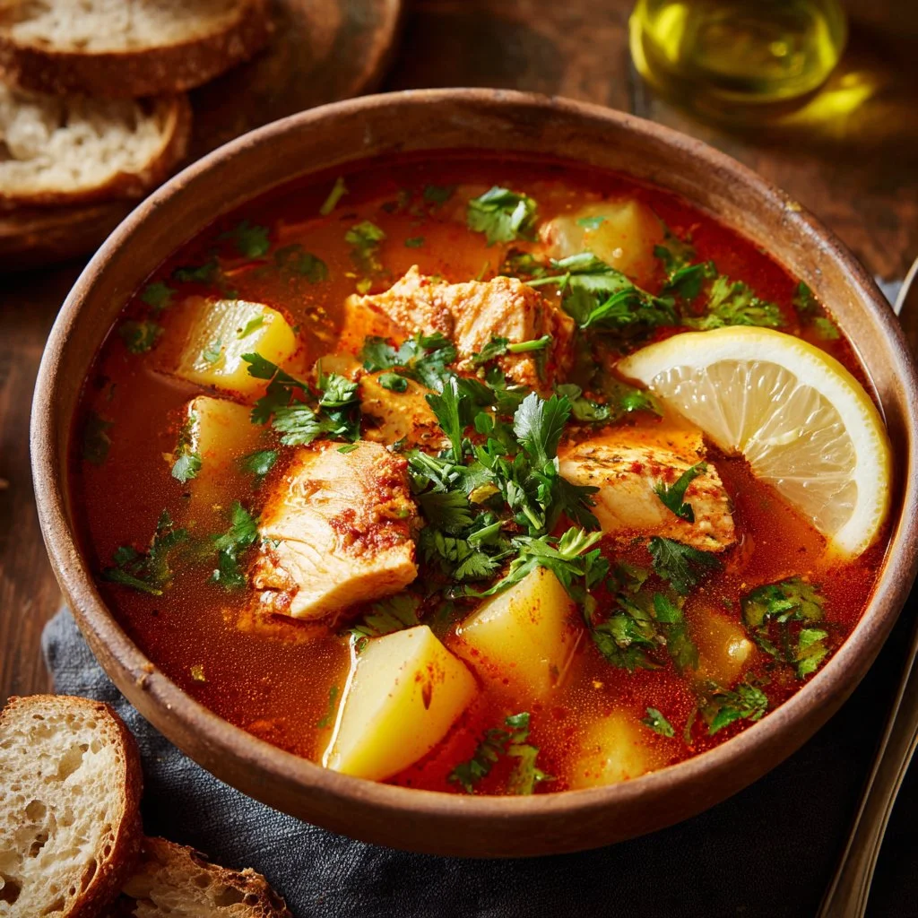 A bowl of Kakavia, Greek fisherman's soup garnished with fresh herbs and seafood.