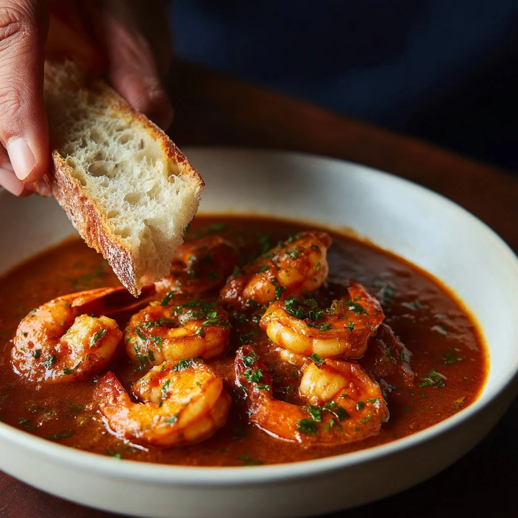A delicious plate of Killer Shrimp served with spices and garnishes.
