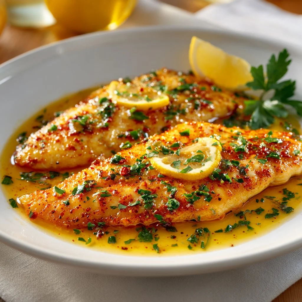 Plate of Lemon Butter Fish garnished with lemon slices and herbs