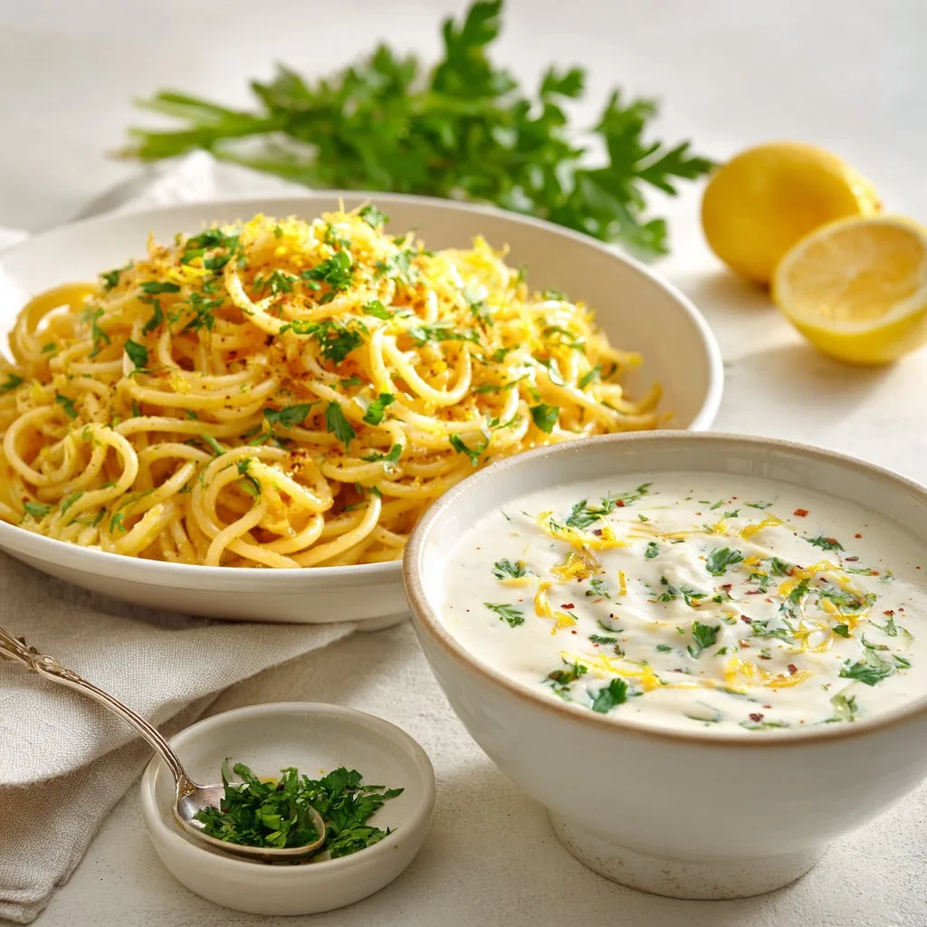 Homemade lemon cream sauce in a saucepan with fresh lemons and herbs