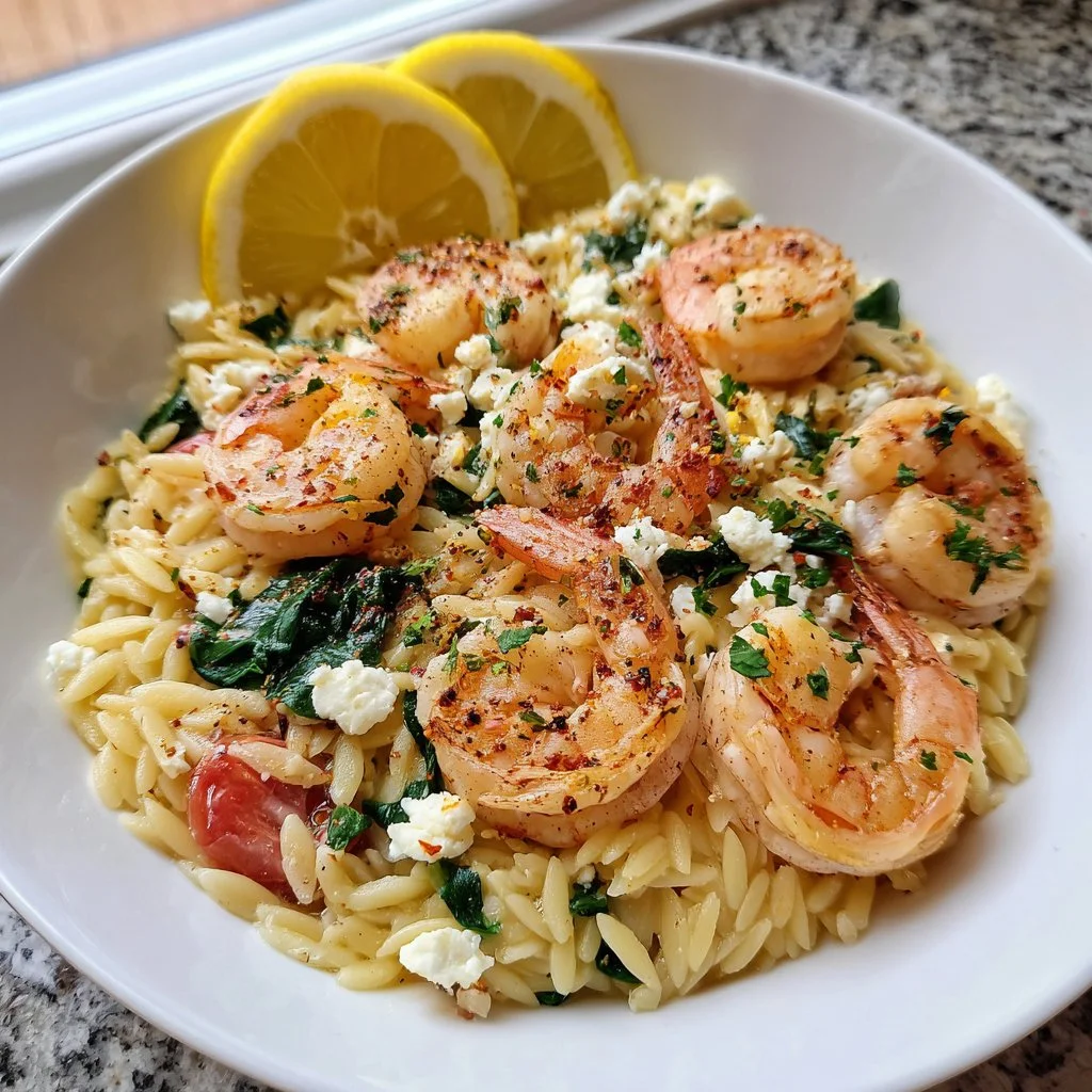 Lemon Feta Orzo Shrimp served on a plate garnished with fresh herbs