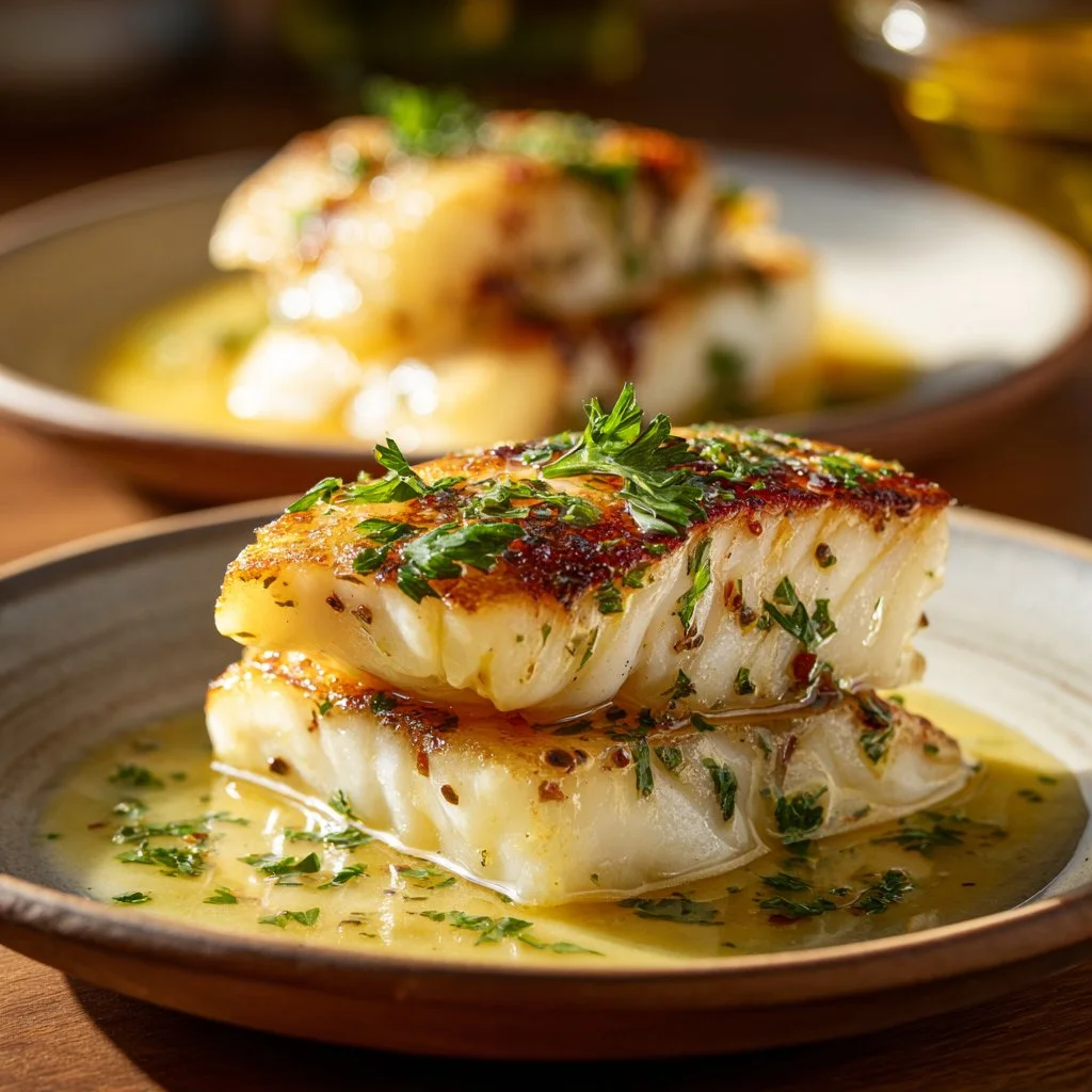 Delicious lemon garlic butter cod with crispy skin on a plate