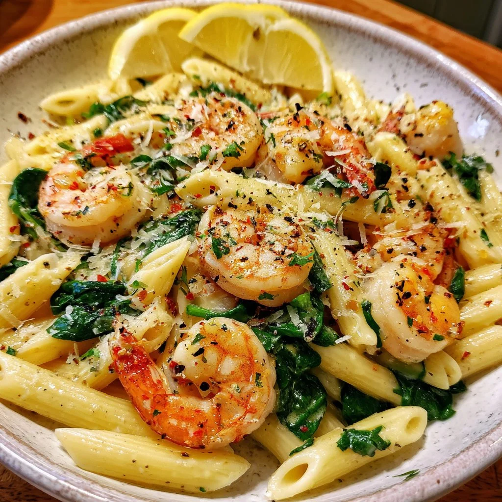 Lemon Garlic Shrimp Pasta with Spinach served in a bowl
