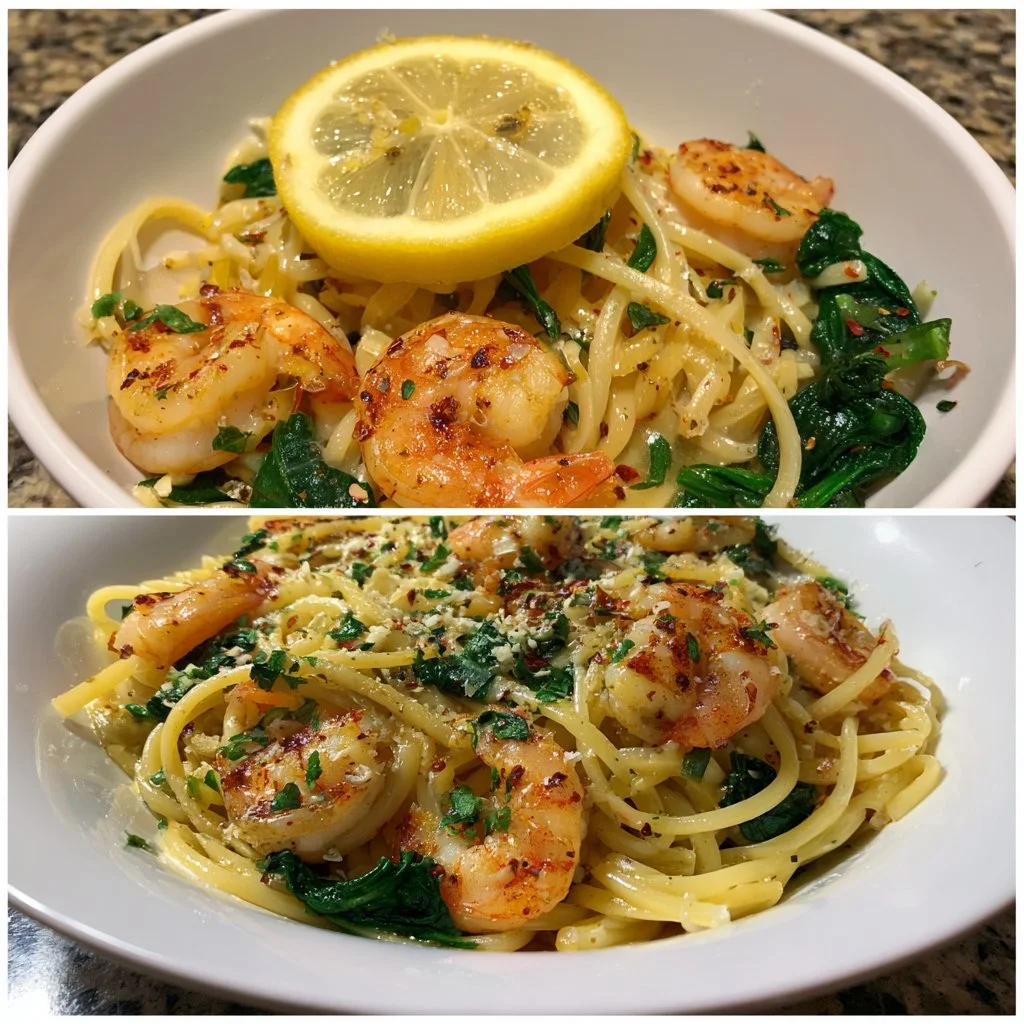 Plate of Lemon Garlic Shrimp Pasta with fresh spinach, garnished with lemon slices.