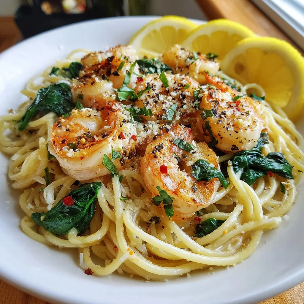 Delicious lemon garlic shrimp pasta with spinach in a bowl.