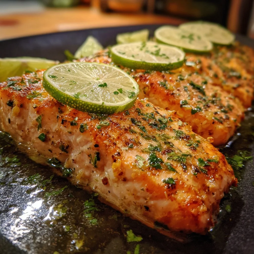 Honey-lime garlic butter baked salmon garnished with herbs and lemon slices.