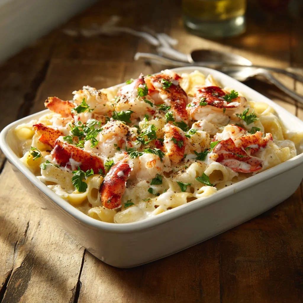 Delicious Lobster Alfredo pasta dish with creamy sauce and lobster chunks