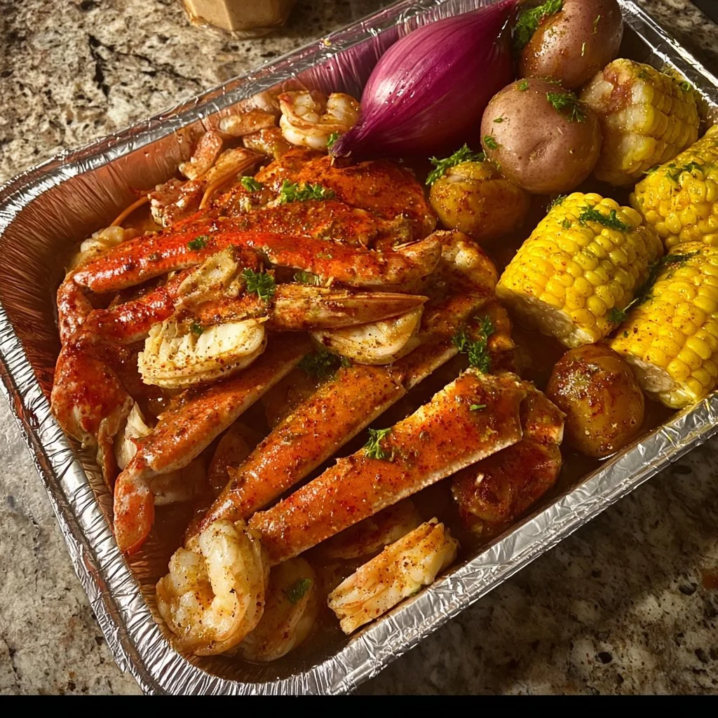 Lobster and Potatoes Foil Dinner ready to serve with fresh ingredients