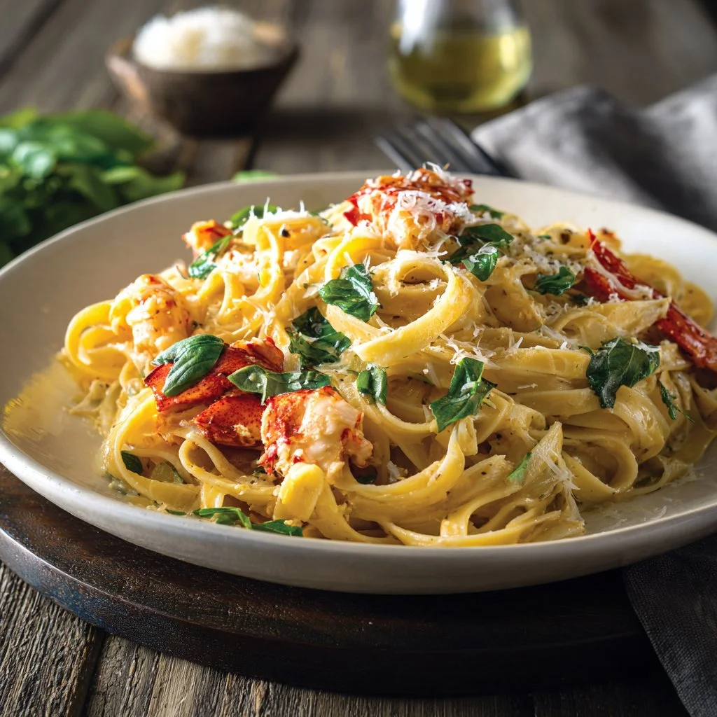 Plate of delicious lobster pasta garnished with herbs