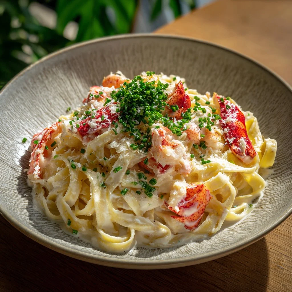 Delicious lobster pasta garnished with herbs and served in a creamy sauce