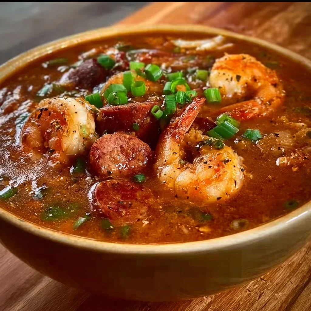 Bowl of Louisiana seafood gumbo with shrimp, crab, and spices