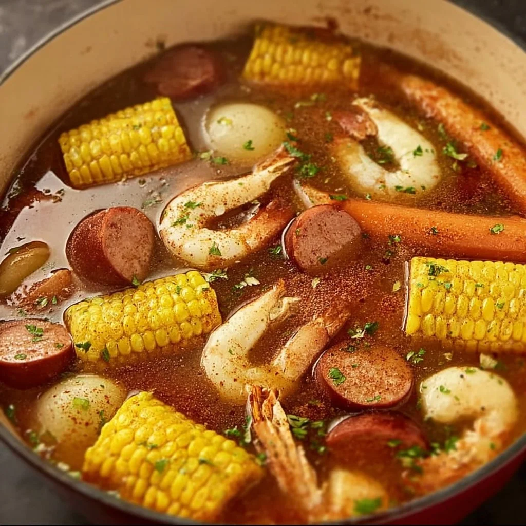 Low Country Boil featuring shrimp, sausage, and spices in a traditional Southern dish.