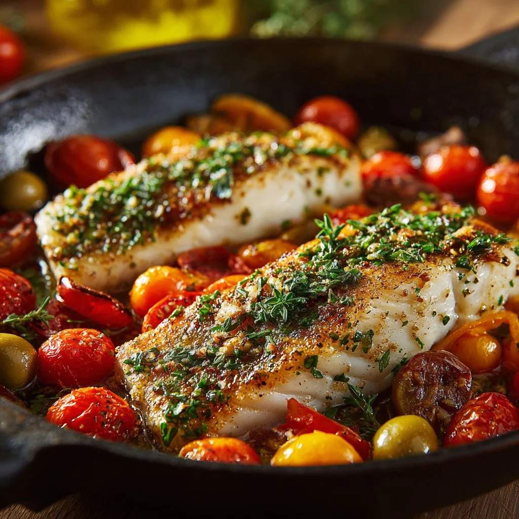 Mediterranean Baked Fish served with fresh herbs and lemon