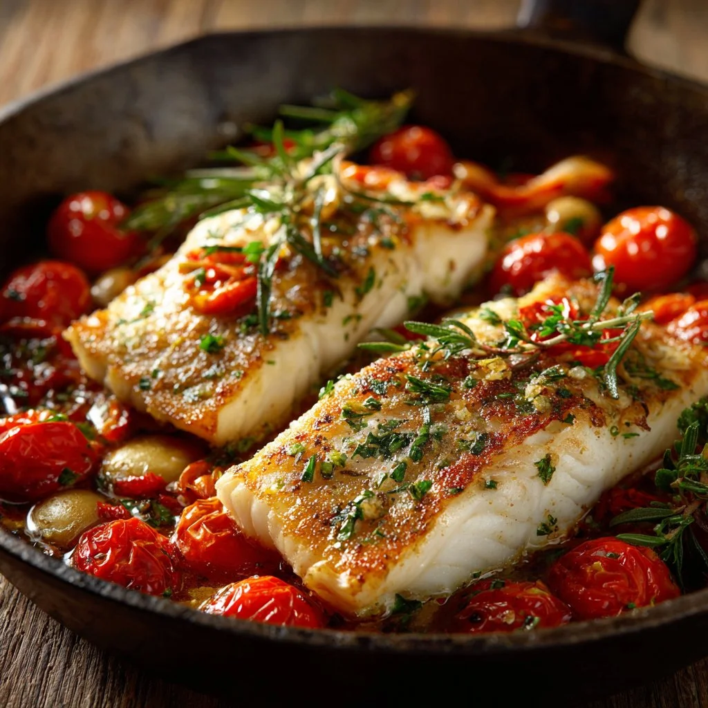 Mediterranean baked fish served with fresh herbs and vegetables