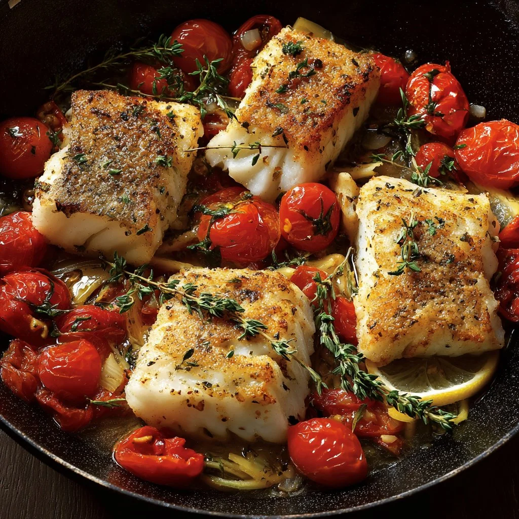 Delicious Mediterranean baked fish with herbs and vegetables on a serving plate